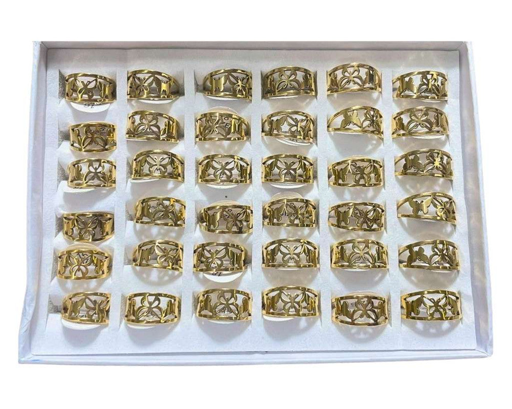 GOLDEN STAINLESS STEEL THREE BUTTERFLIES RING – Set of 36