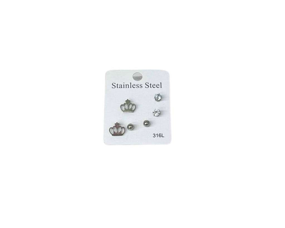 SILVER STAINLESS STEEL MINI EARRINGS CROWN- SET of 120