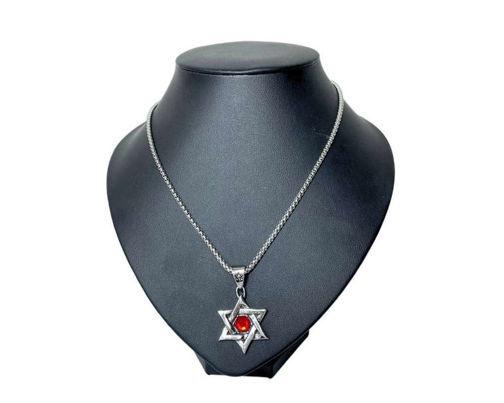 SILVER STAINLESS STEEL STAR OF DAVID  WITH RED ROCK – Set of  12