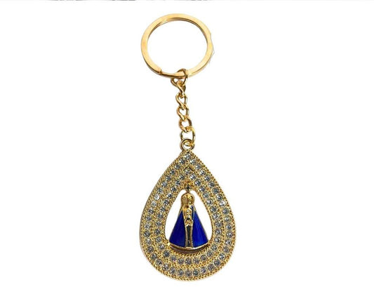 GOLDEN KEYCHAIN OUR LADY APPARITIONS DROP  WITH RHINESTONES PEARLLED BACKGROUND-Set of 12