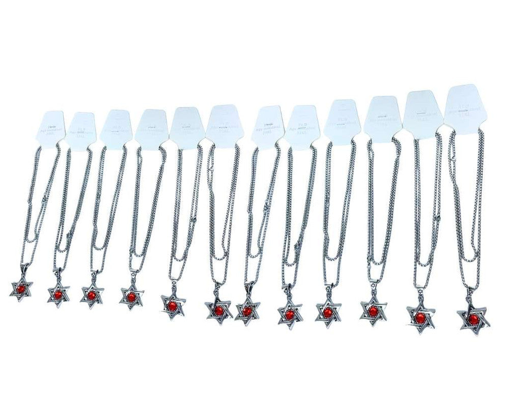 SILVER STAINLESS STEEL STAR OF DAVID  WITH RED ROCK – Set of  12