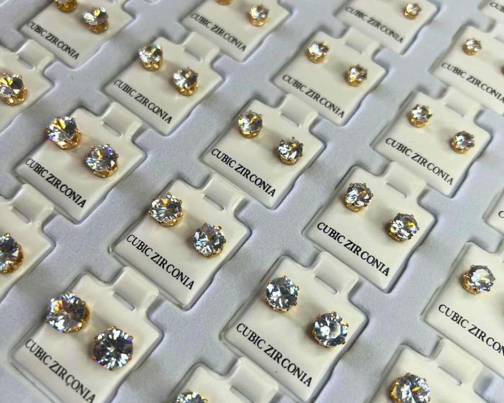 GOLDEN EARRINGS SQUARE STONE ZIRCONIA DIFFERENT SIZES- Set of 36