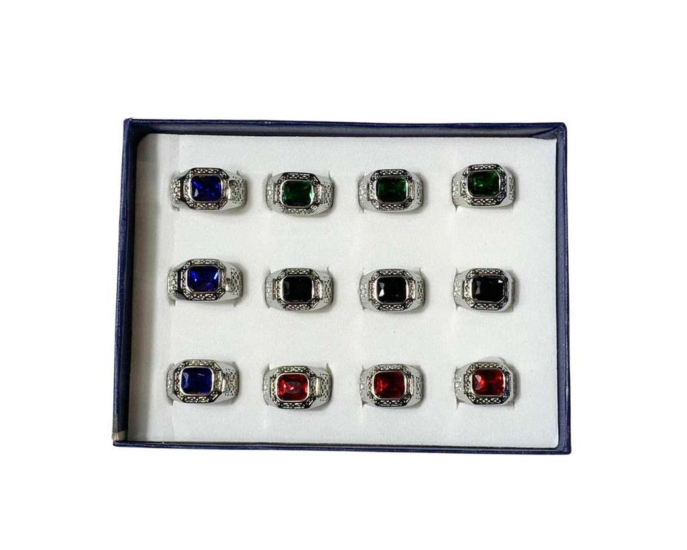 SILVER STAINLESS STEEL RING WITH COLORED STONE WITH TEXTURES – Set of  12