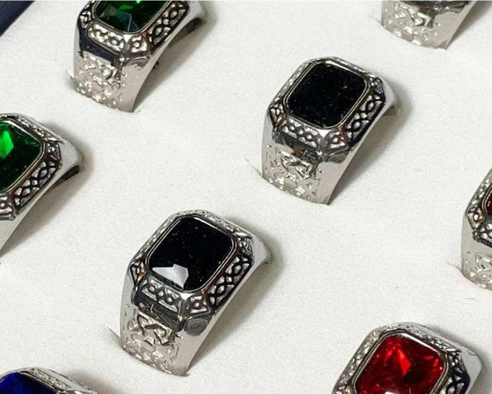 SILVER STAINLESS STEEL RING WITH COLORED STONE WITH TEXTURES – Set of  12